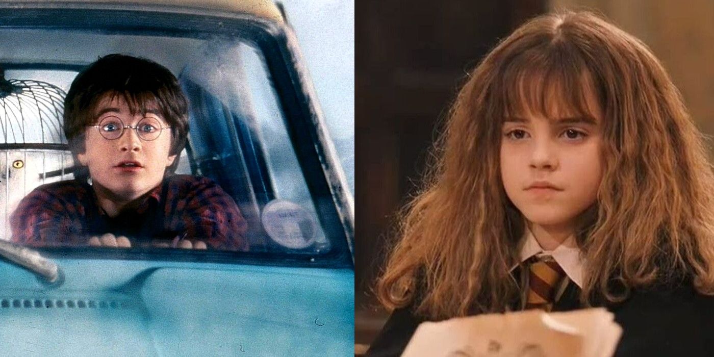 A split image showing Harry in the flying car on the left and Hermione sitting in the Great Hall on the right from Harry Potter