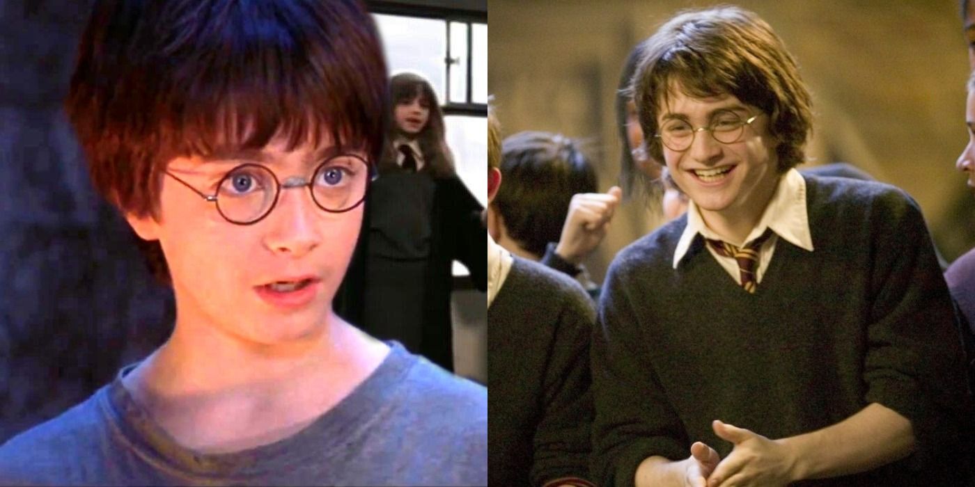 Split image of Harry Potter looking shocked and Harry Potter laughing