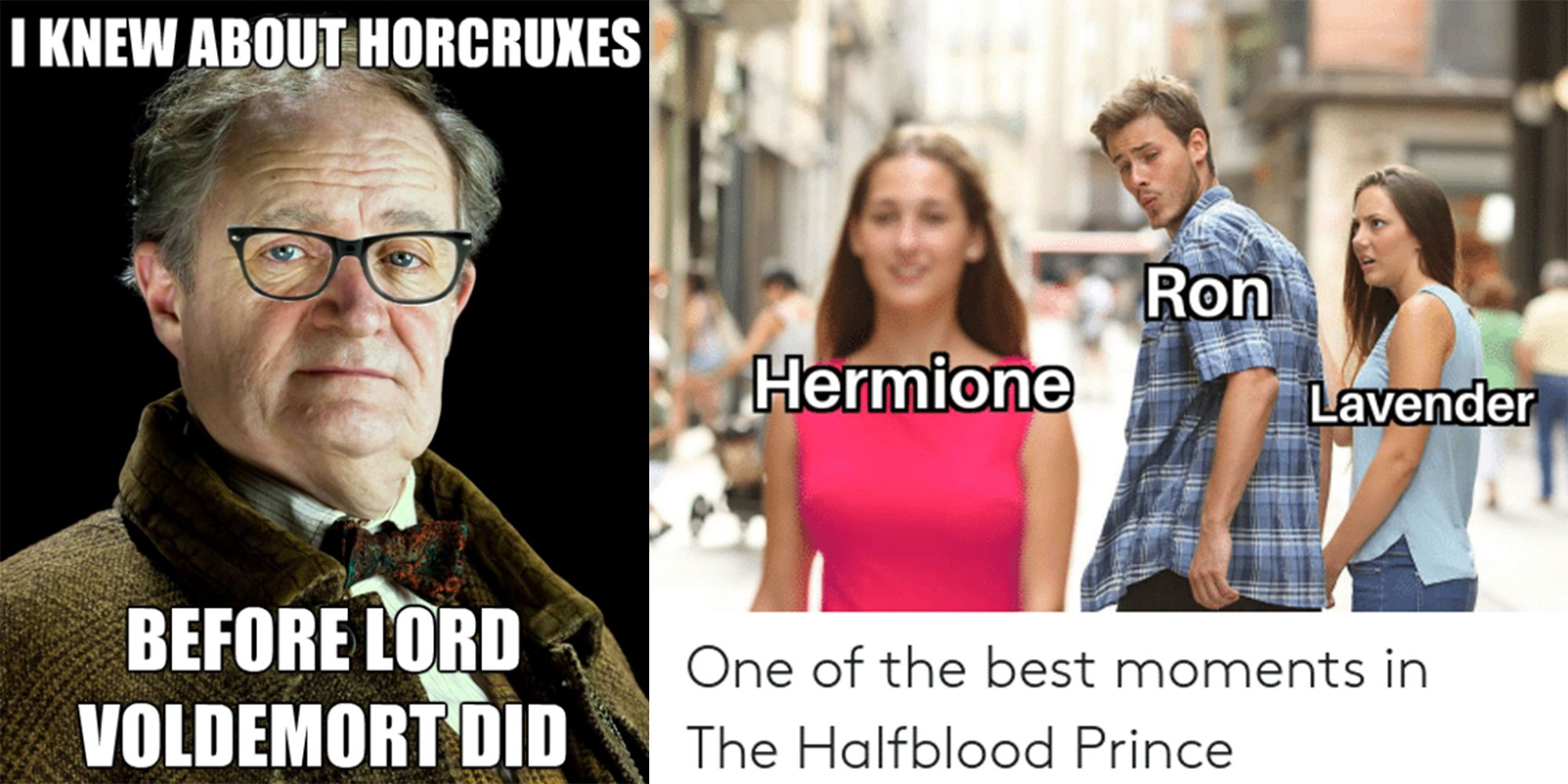 Split image of Horace Slughorn meme, with one about Ron, Hermione and Lavender.