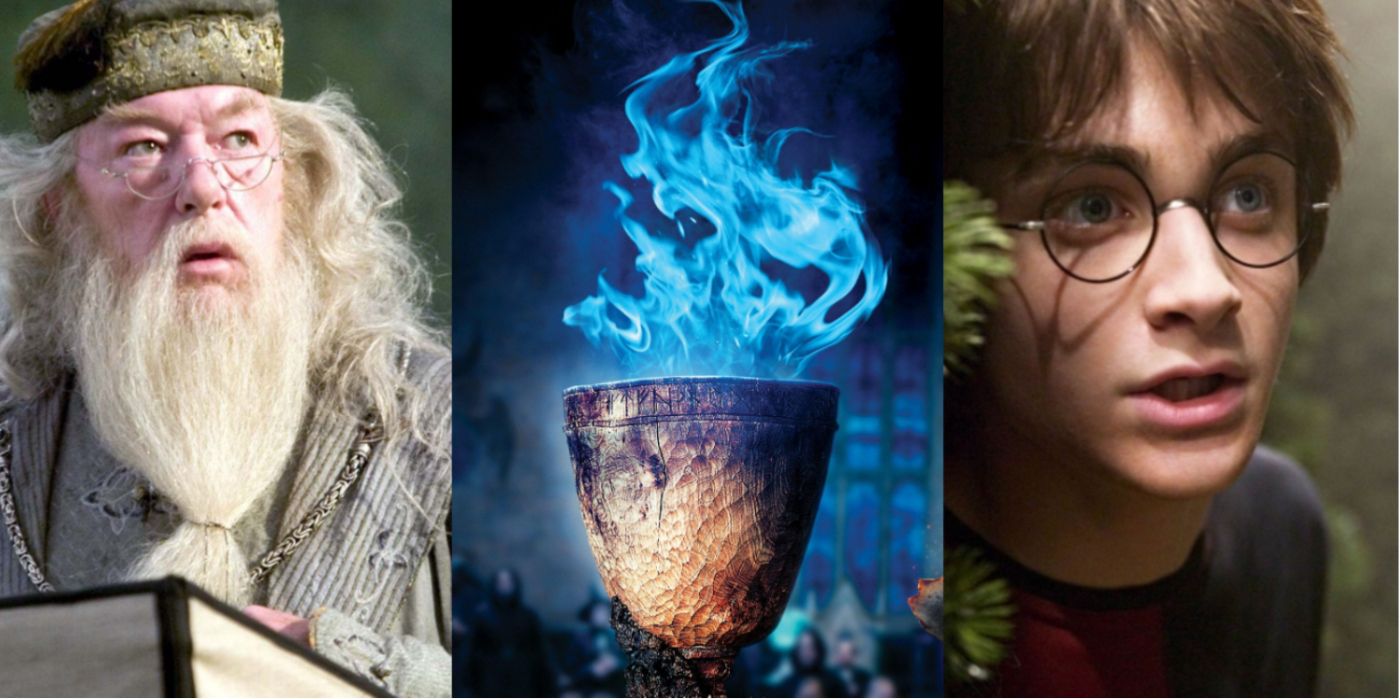 Three vertical images Dumbledore the goblet of fire and Harry Potter