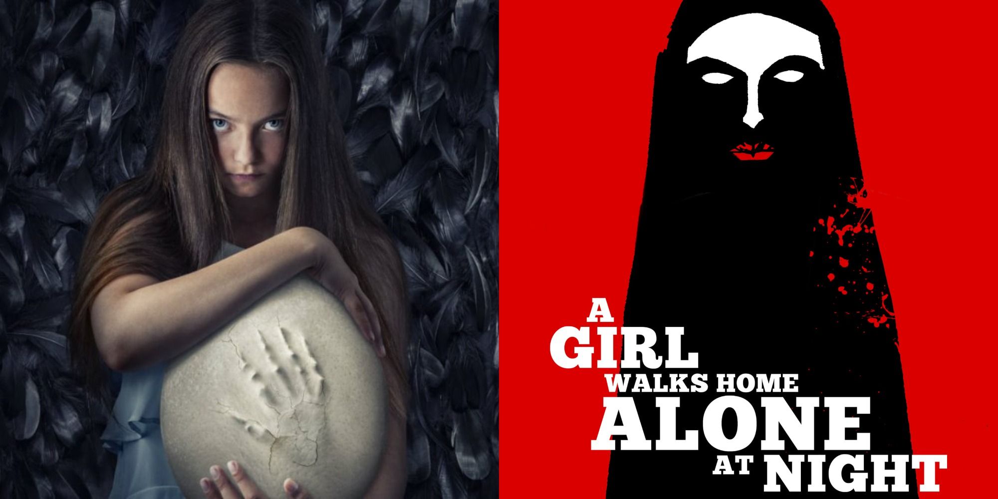 Split image showing posters for Hatching and A Girl Walks Home Alone At Night