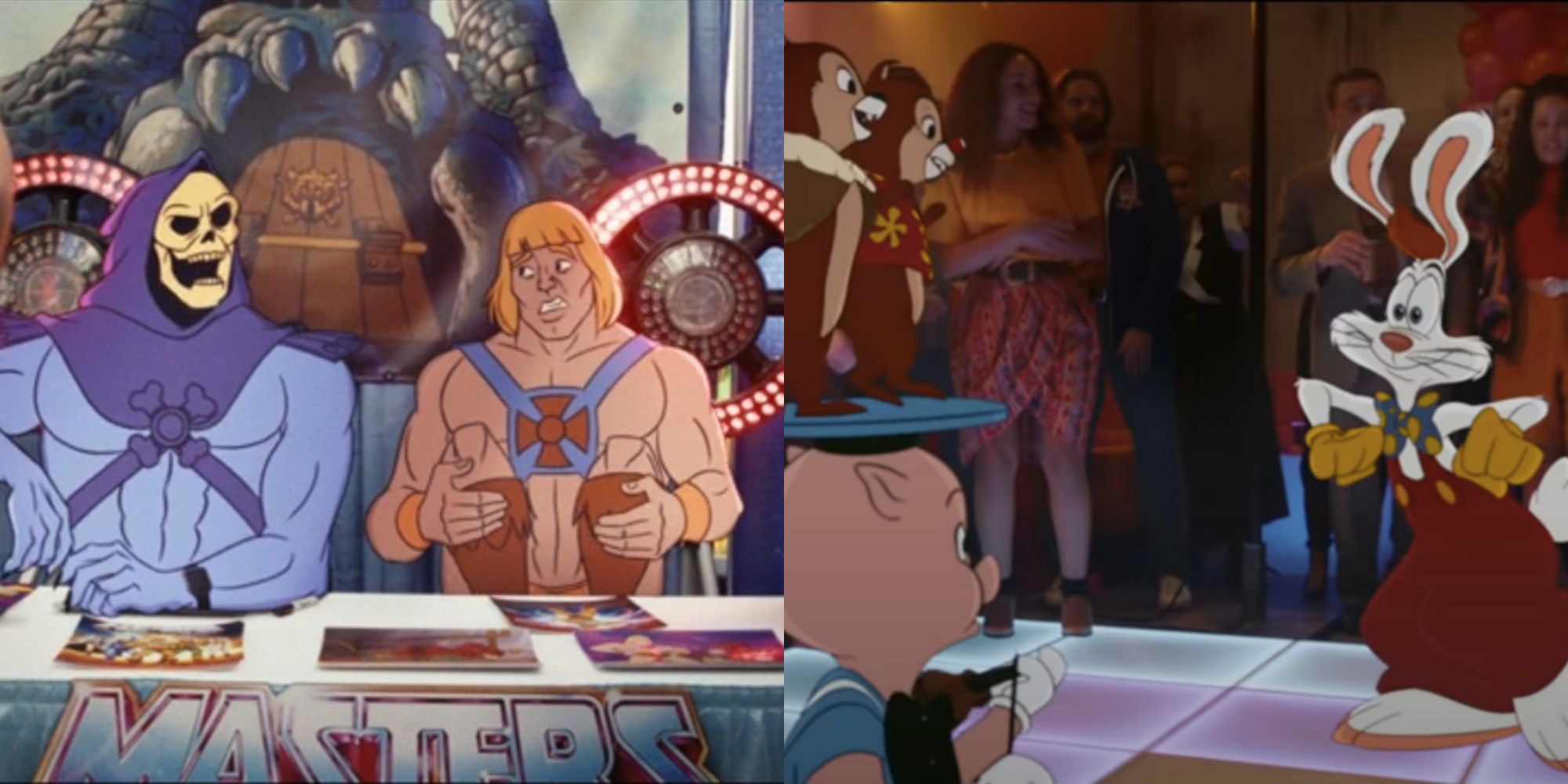 Split image showing He-Man and Skeletor and Roger Rabbit in Chip N' Dale Rescue Rangers