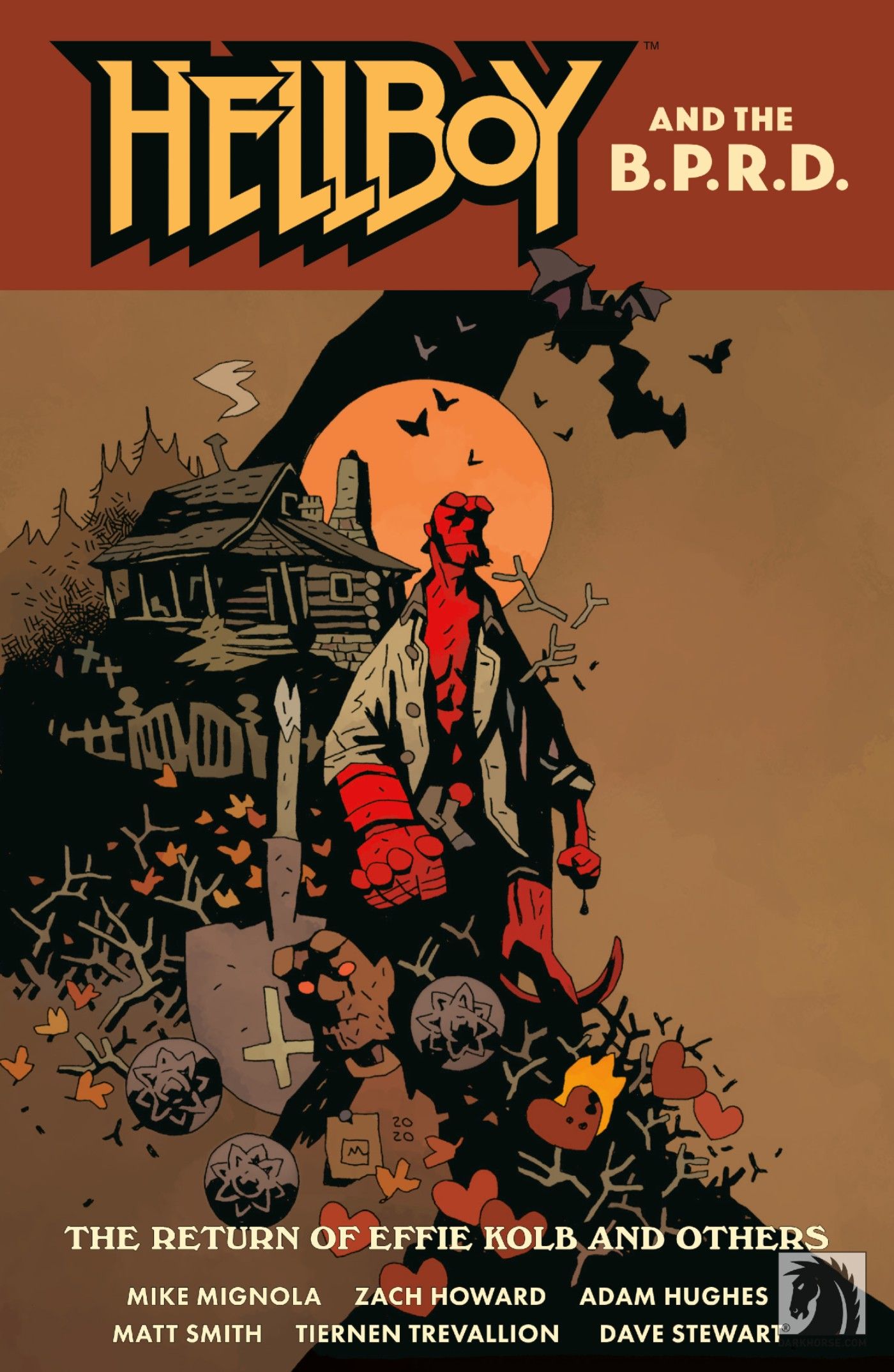 Hellboy e a capa do BPRD, Hellboy em primeiro plano, com uma casa assustadora ao fundo.