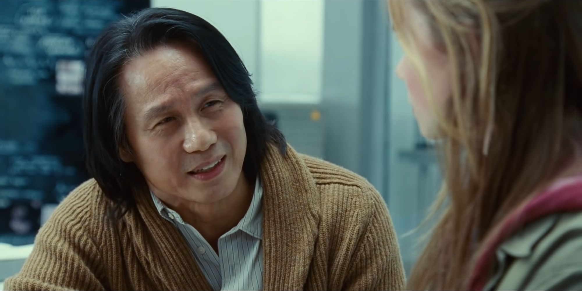 Henry Wu speaking with Maisie Lockwood in Jurassic World Dominion