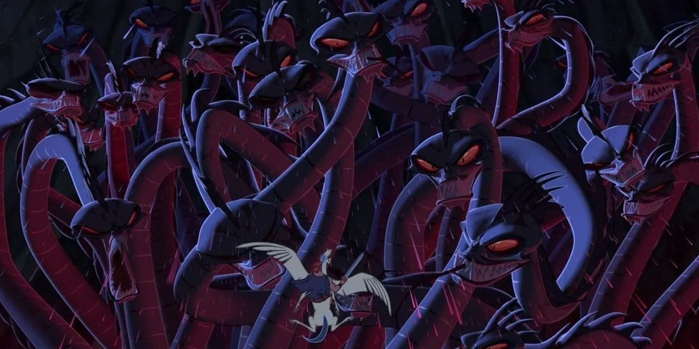 Hercules and Pegasus facing the many heads of the Hydra