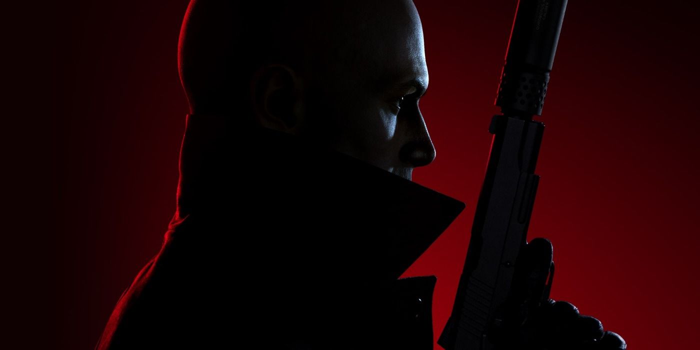 Agent 47 holding up a silenced gun set to a neon-red backlight in Hitman 3 art.