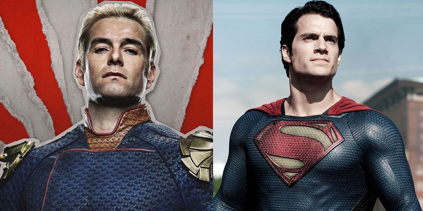 Antony Starr as Homelander; Henry Cavill as Superman in Man of Steel
