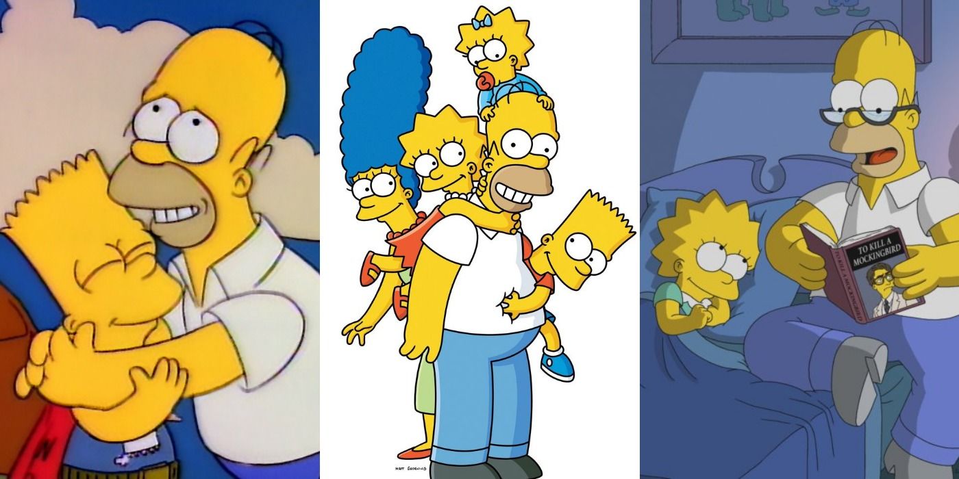 Split image of Homer Simpson with his family from The Simpsons.