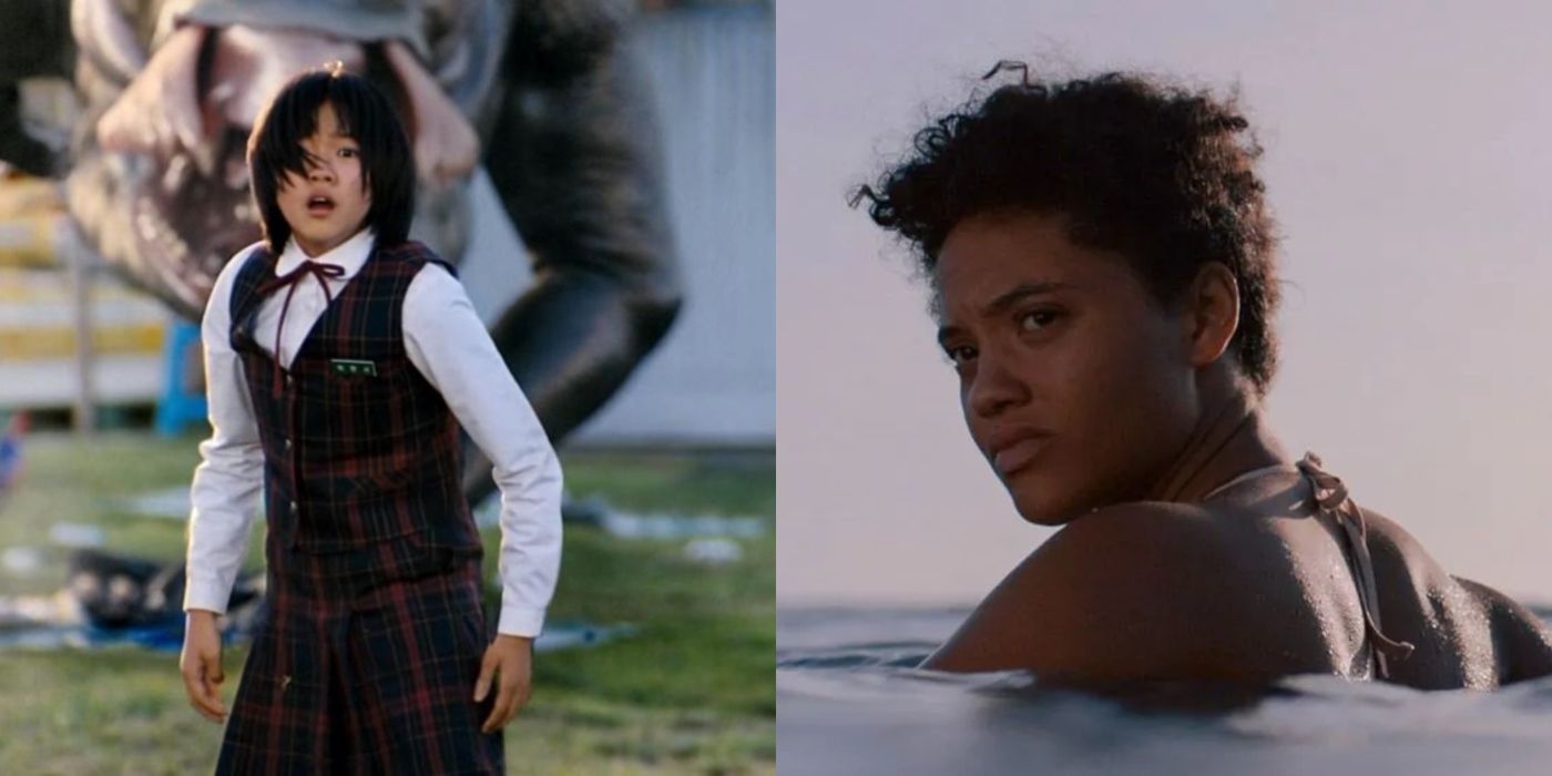 Split image of a boy with a monster in The Host and Jenn in the water in Sweetheart