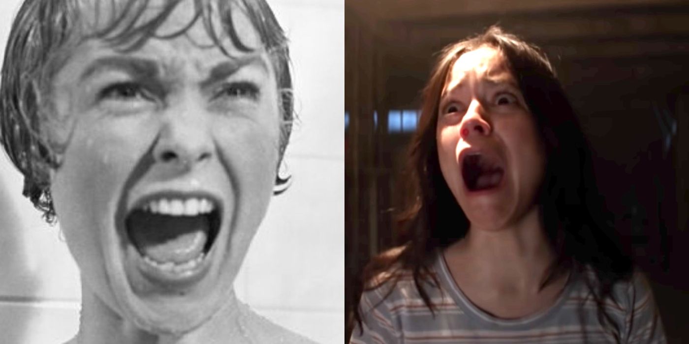 Split image of Marion Crane yelling in Psycho and Lorraine screaming in X