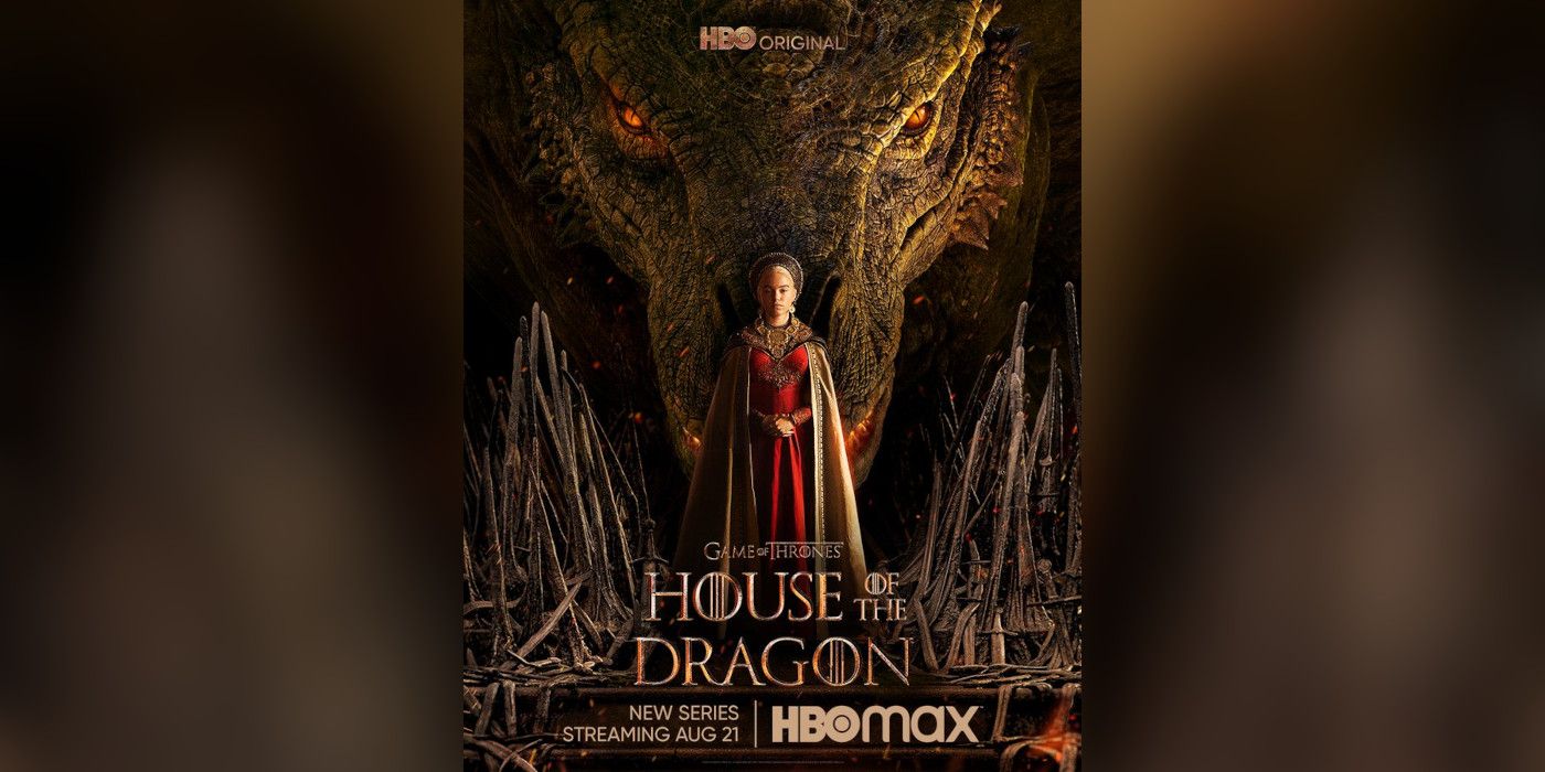 Emma D'Arcy in character as Princess Rhaenyra Targaryen in a gown standing in front of a giant looming dragon in a poster for House of the Dragon
