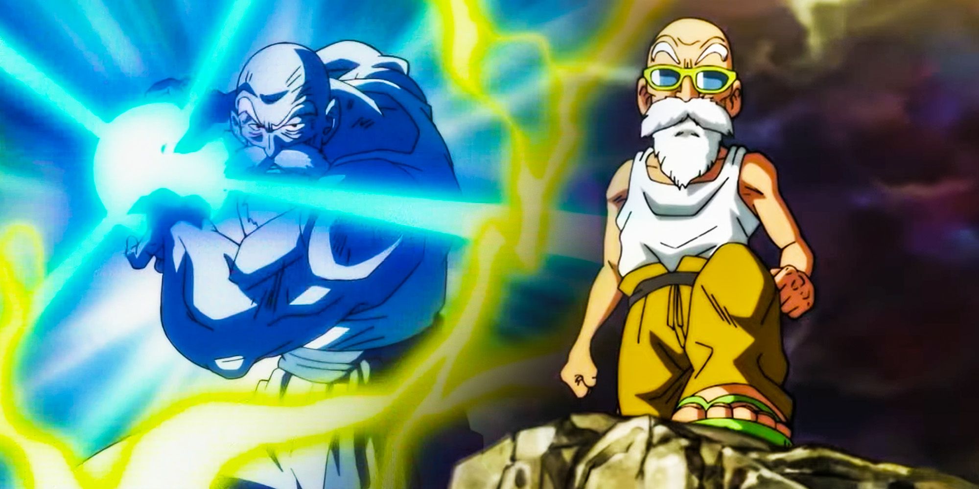 Uma imagem em estilo colagem mostrando duas fotos diferentes do Mestre Roshi de Dragon Ball