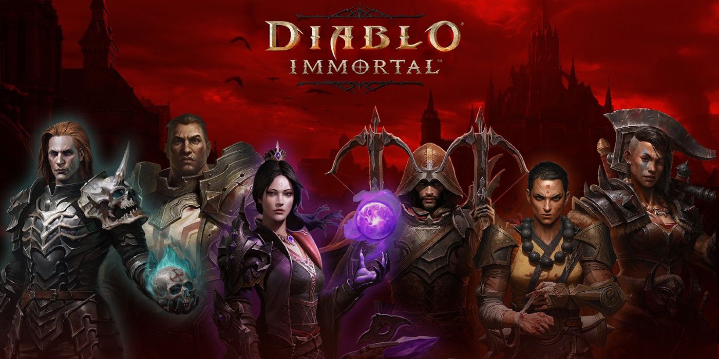 A variety of characters from Diablo Immortal, all under the game's logo.