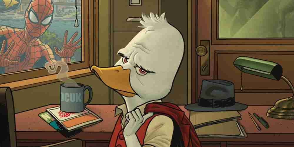 Howard the Duck in his office with Spider-Man leering in through the window.