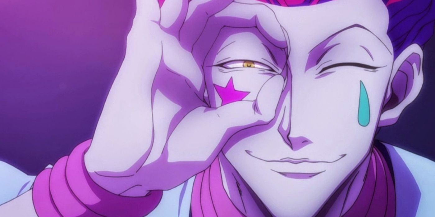 Image of Hunter X Hunter character Hisoka Morrow using his hand as a &quot;telescope&quot; with the other eye closed.