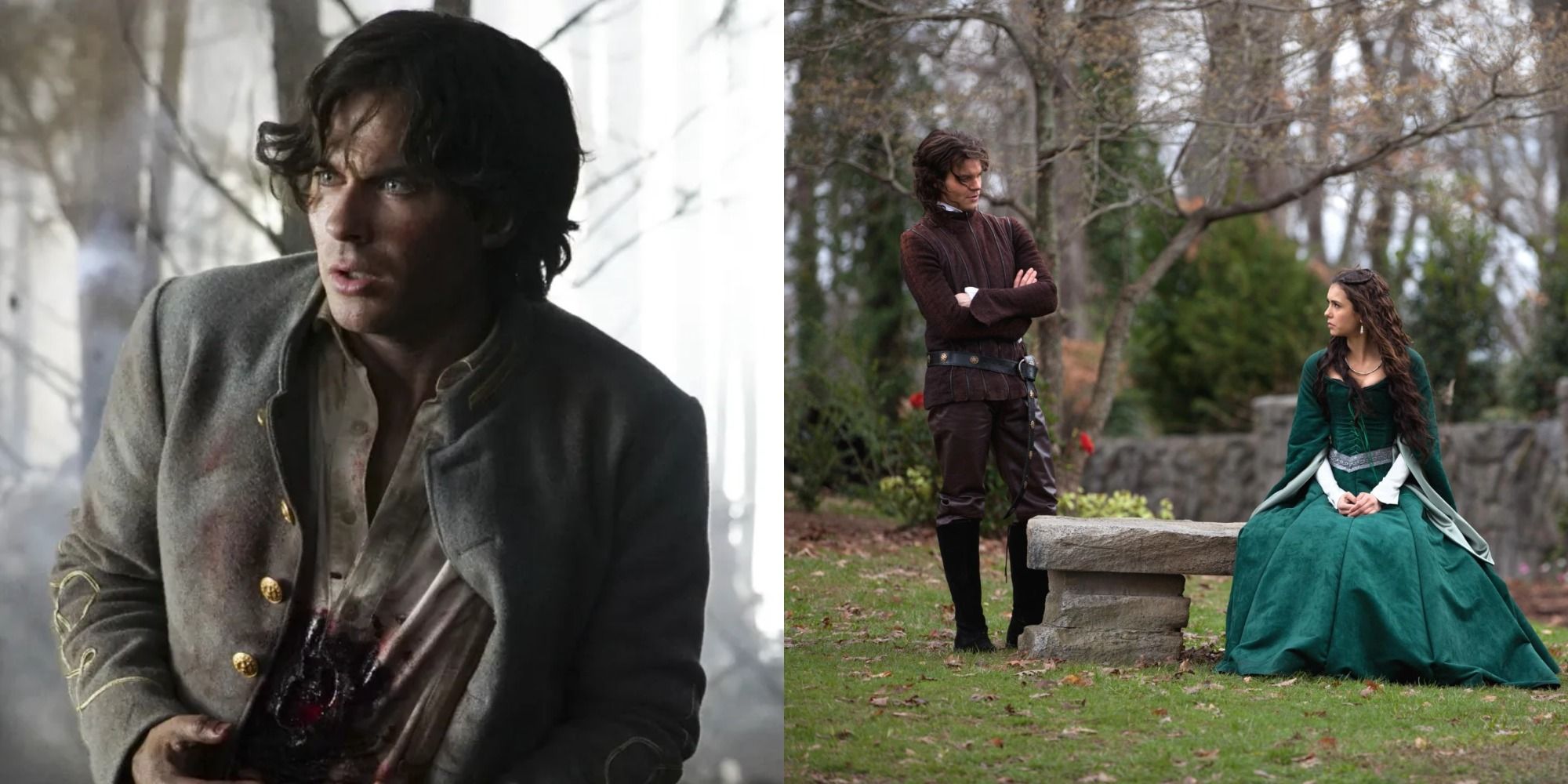 Split image showing Damon during tre Civil War and Katherine during the Renaissance in The Vampire Diaries.