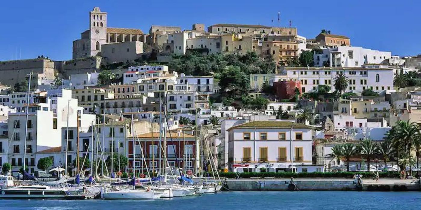 A wide shot of Ibiza in Spain.