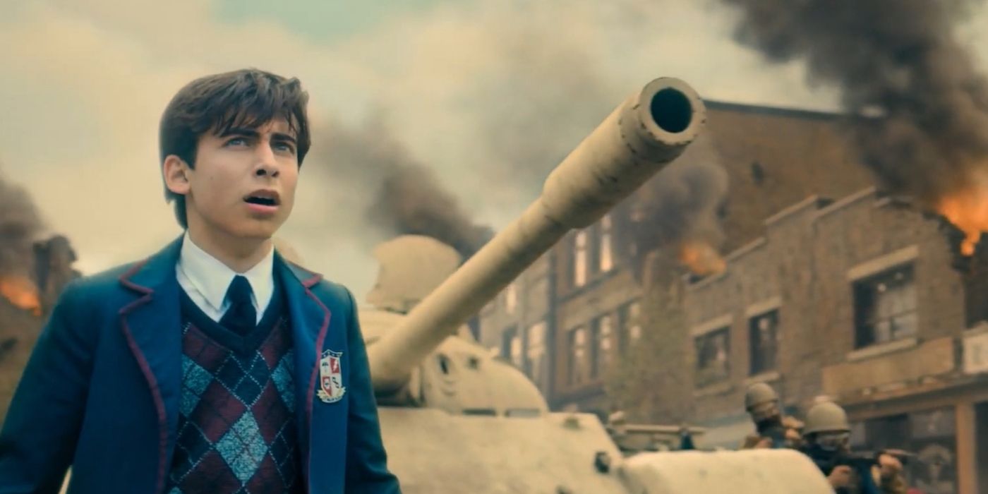 Image of Number Five standing in the middle of a war zone in the 60’s in The Umbrella Academy