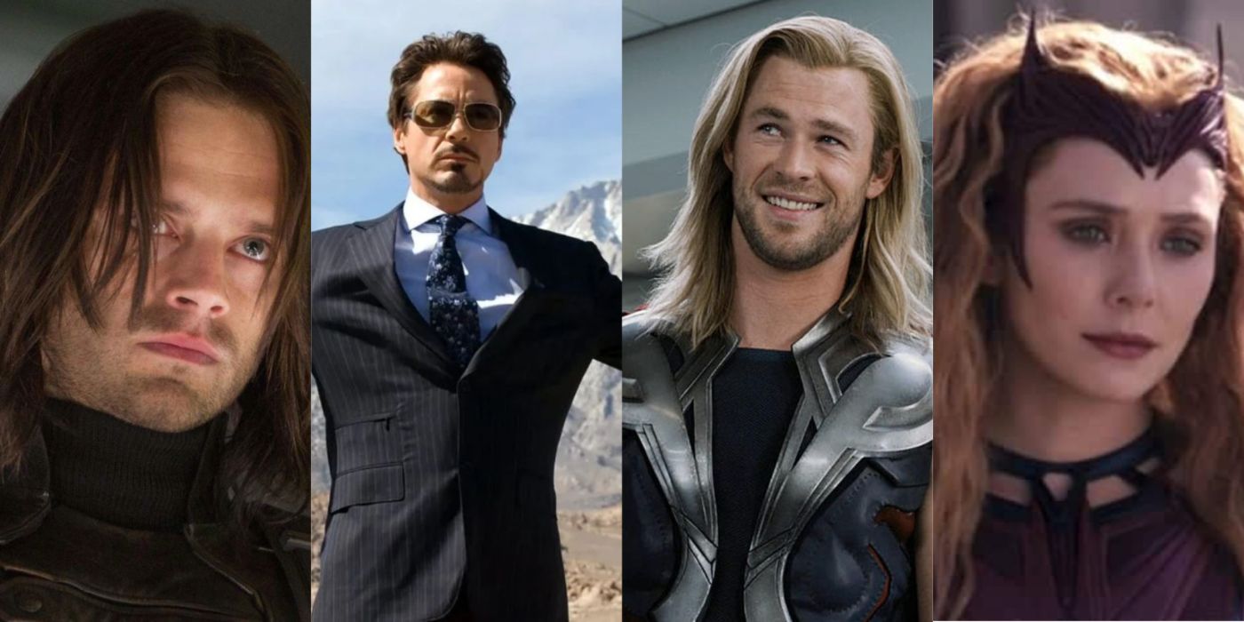Bucky, Tony, Thor, and Wanda in this split image