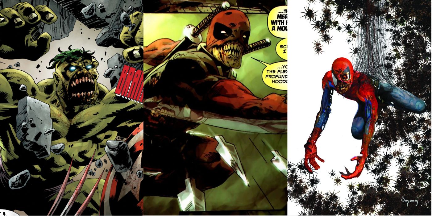 Images of various zombie versions of superheroes from comics