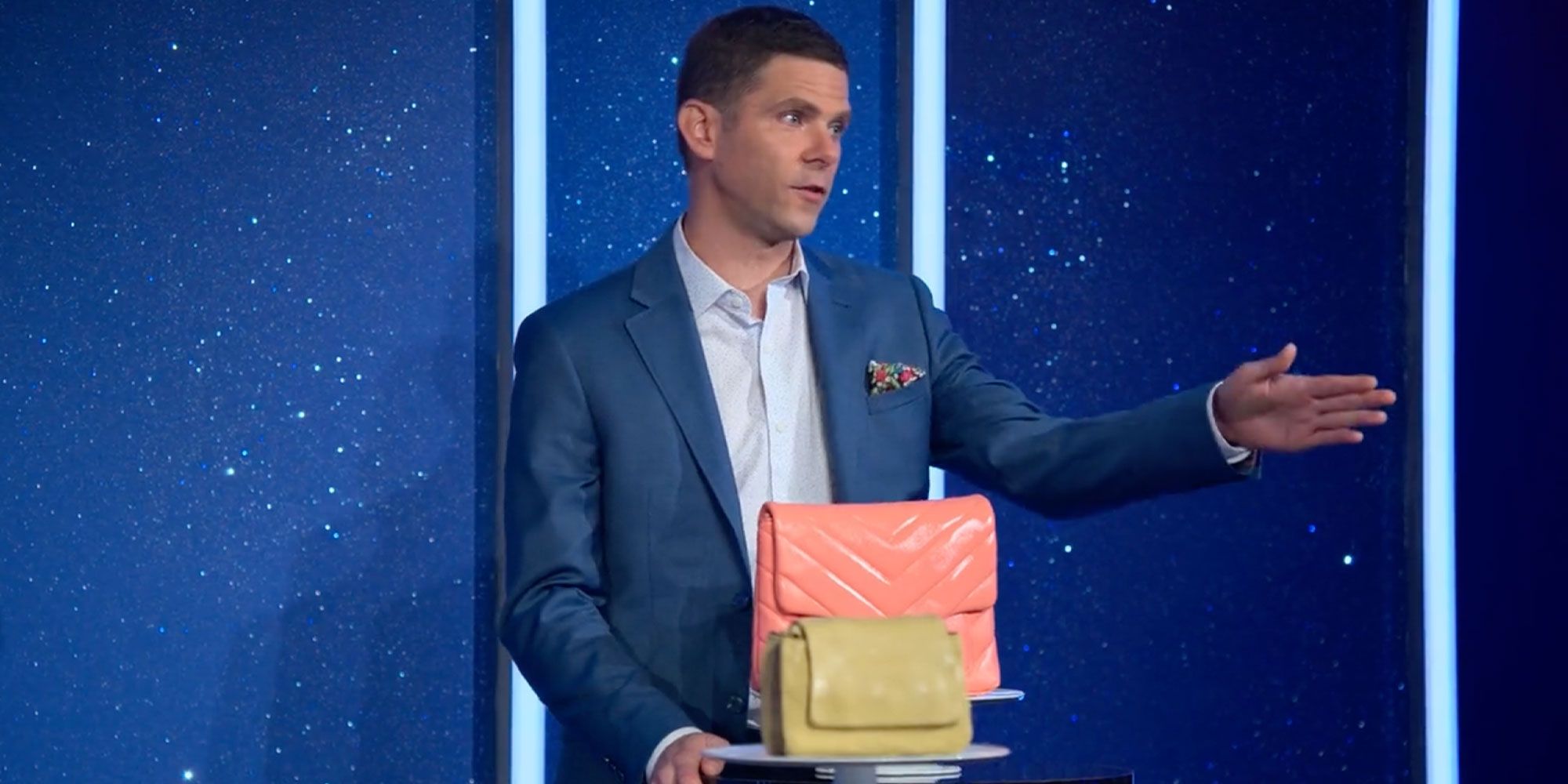 Mikey Day with a purse cake in Netflix's Is It Cake?