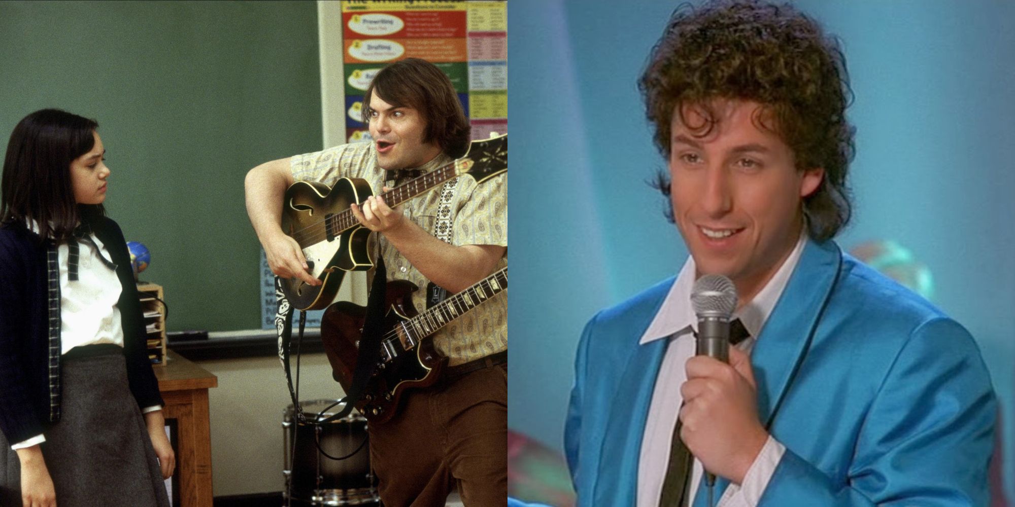 Split image showing Dewey in School of Rock and Robbie in The Wedding Singer.