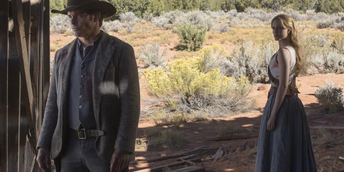 James Marsden as Teddy and Evan Rachel Wood as Dolores in Westworld