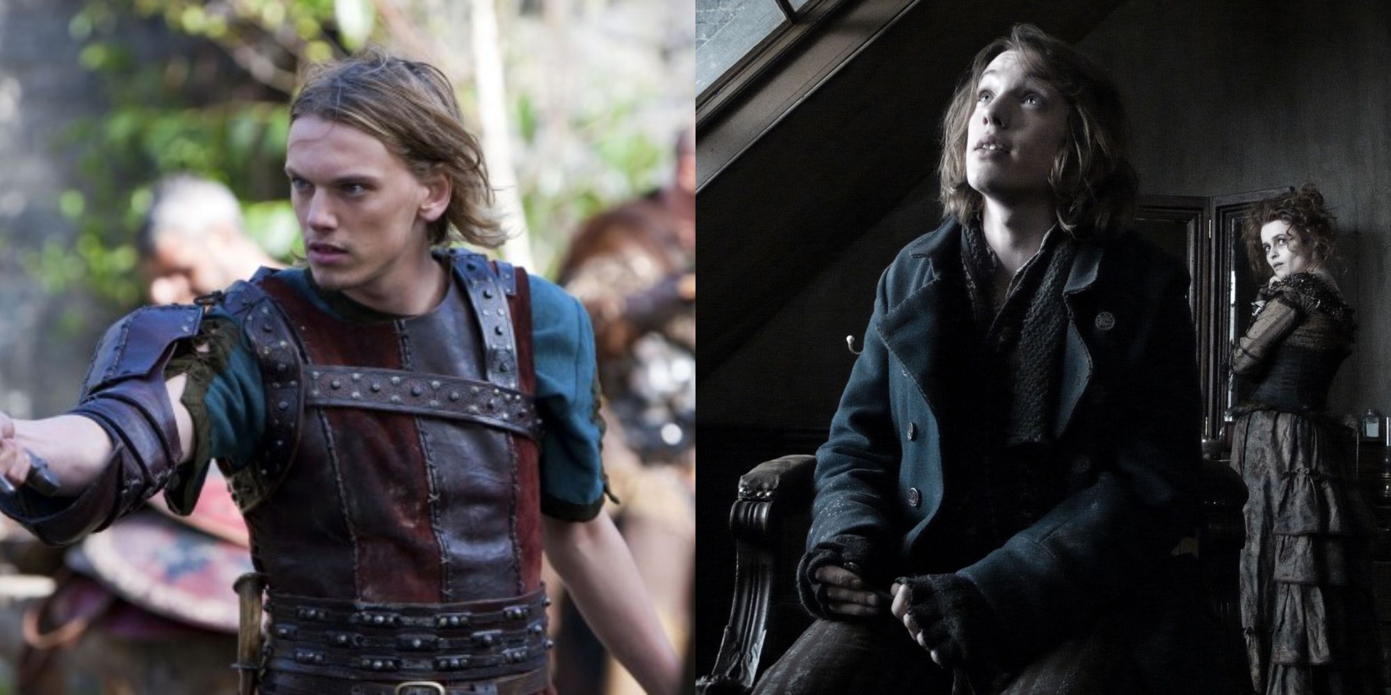 Split image showing Jamie Campbell Bower in Camelot and Sweeney Todd.