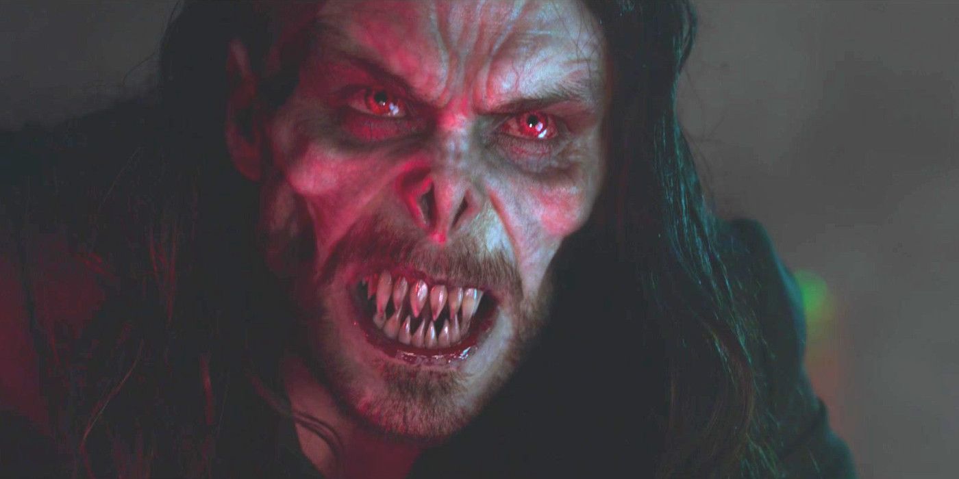 Jared Leto in character as Morbius in the film of the same name, with red vampire eyes and big snarling teeth