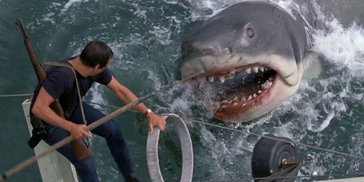 Shark jumping out of ocean to attack a man on a boat.
