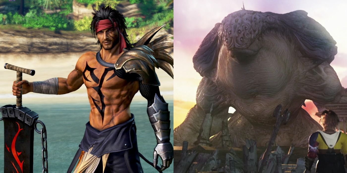 Split image of Jecht in Dissidia and Tidus looking up at Sin as it tramples throught eh Zanarkand Ruins in FFX.