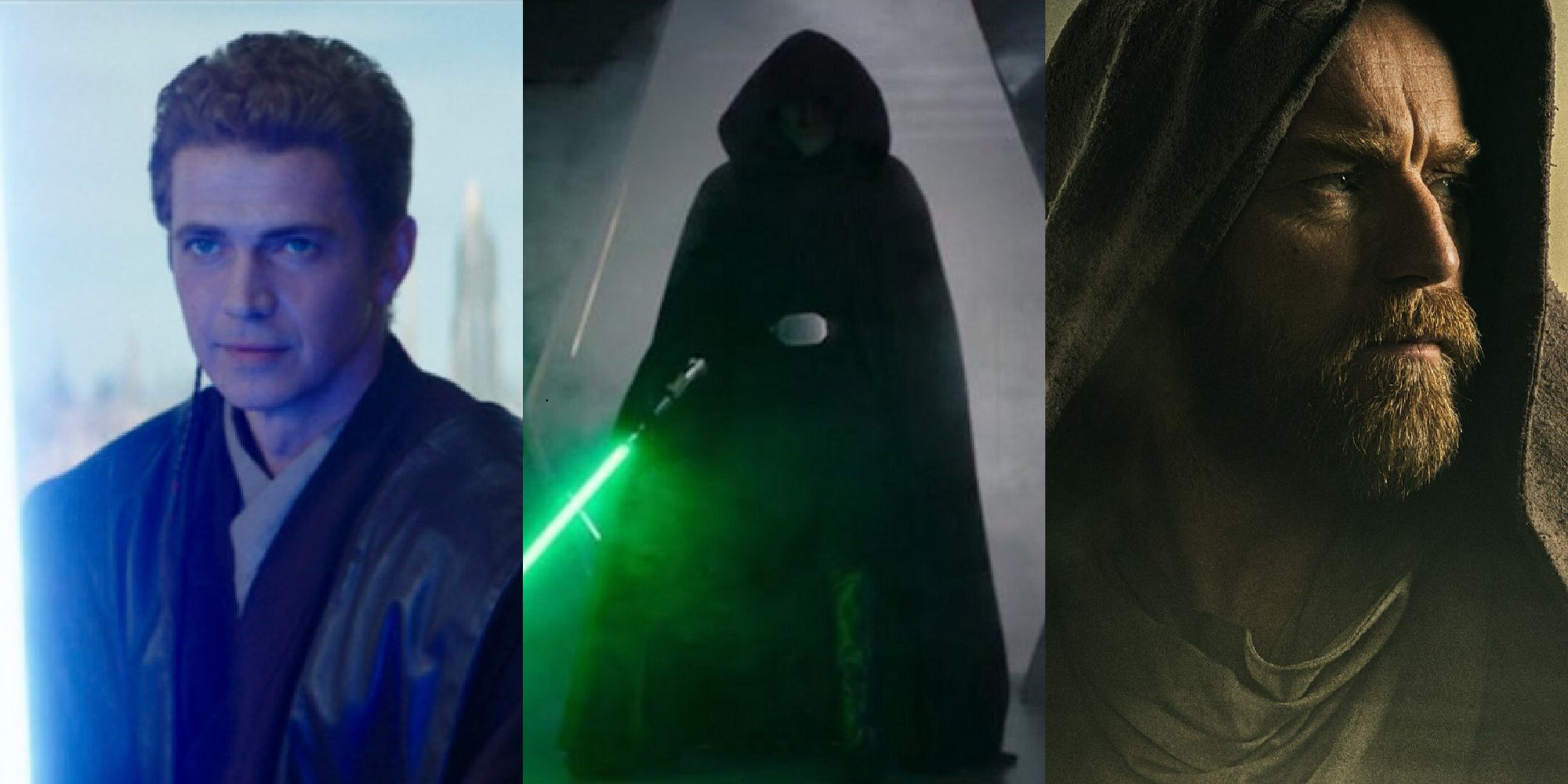 Split image of Anakin from Obi-Wan flashback, Luke Skywalker from The Mandalorian, and Obi-Wan from Obi-Wan Kenobi.