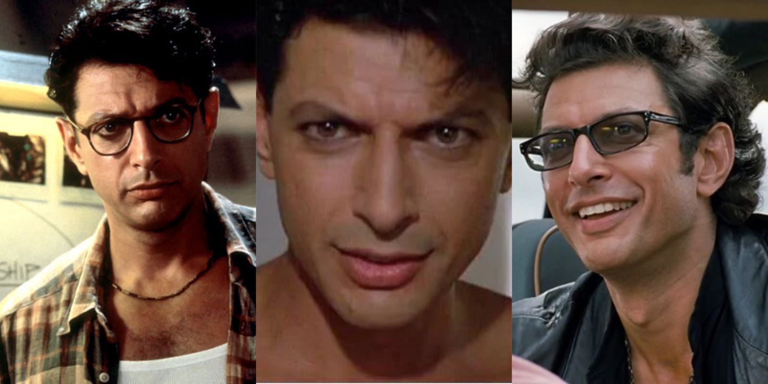 Jeff Goldblum in Independence Day, Earth Girls Are Easy and Jurassic Park Split Image