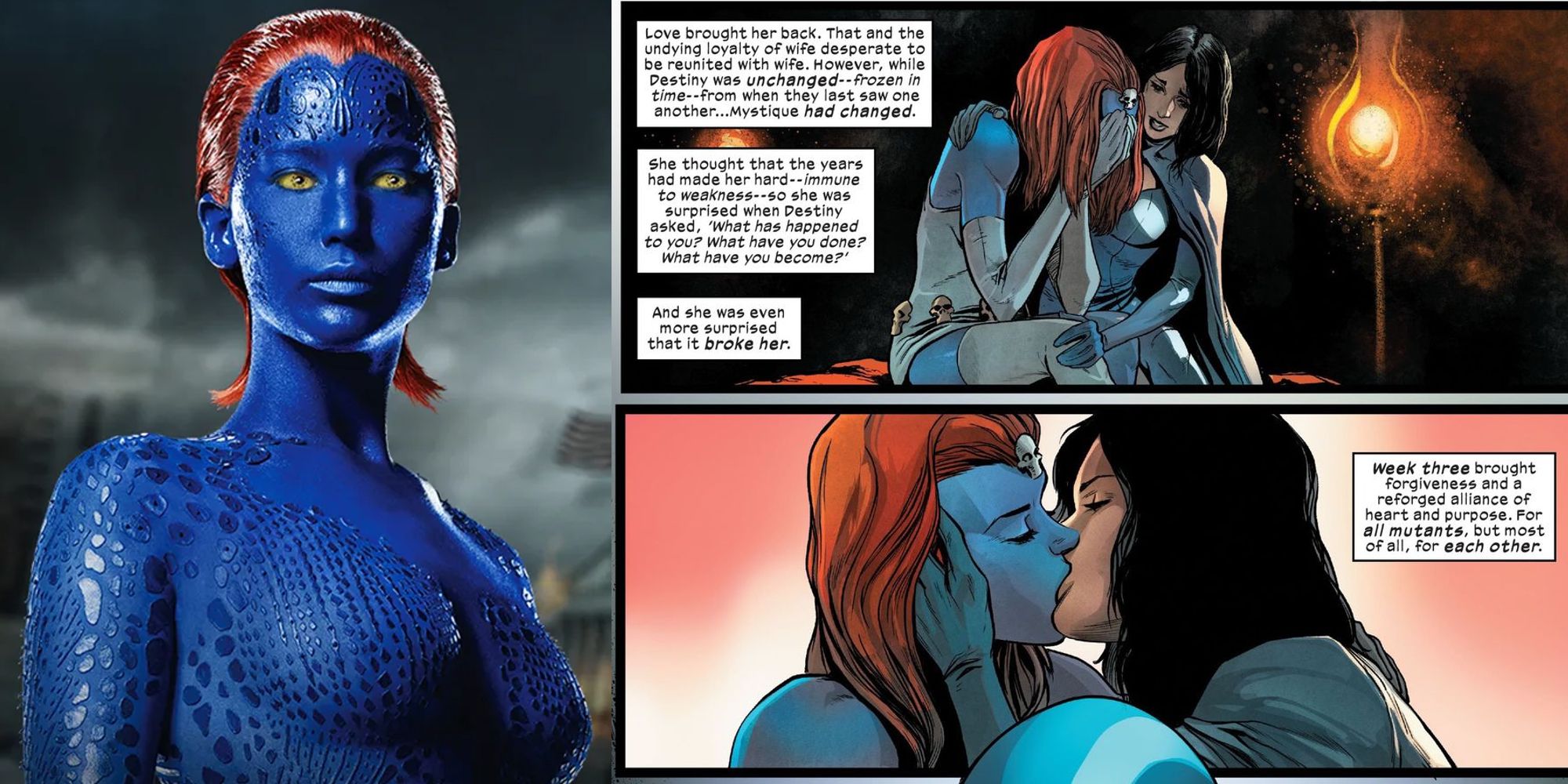 Jennifer Lawrence as Mystique in X-Men and reuniting with wife Irene Adler (Destiny) in comic