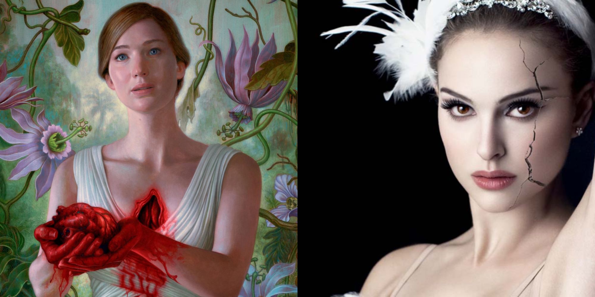 Split image showing Jennifer Lawrence in mother! and Natalie Portman in Black Swan.