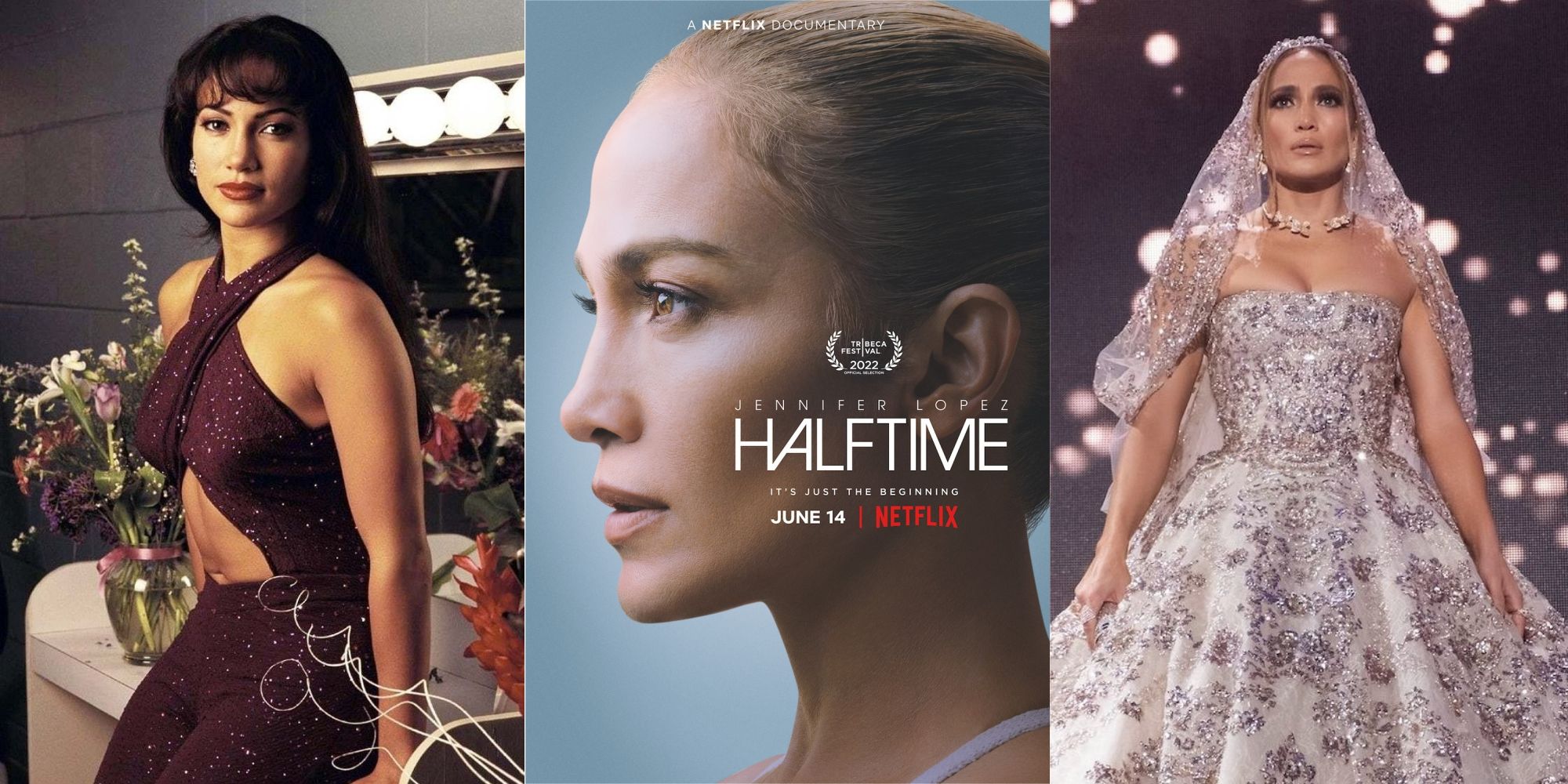 Jennifer Lopez in a poster for halftime and in character in Selena and Marry Me.