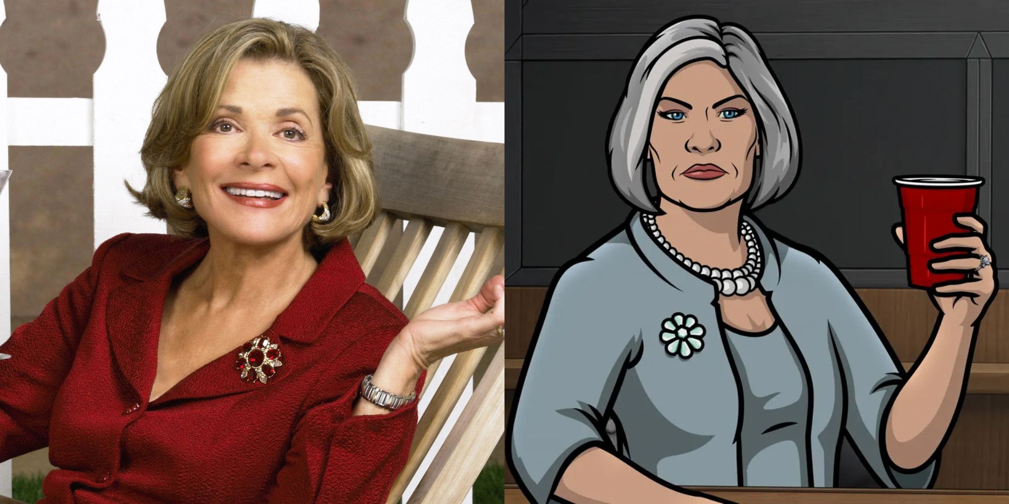 Split image of Jessica Walter and Malory Archer