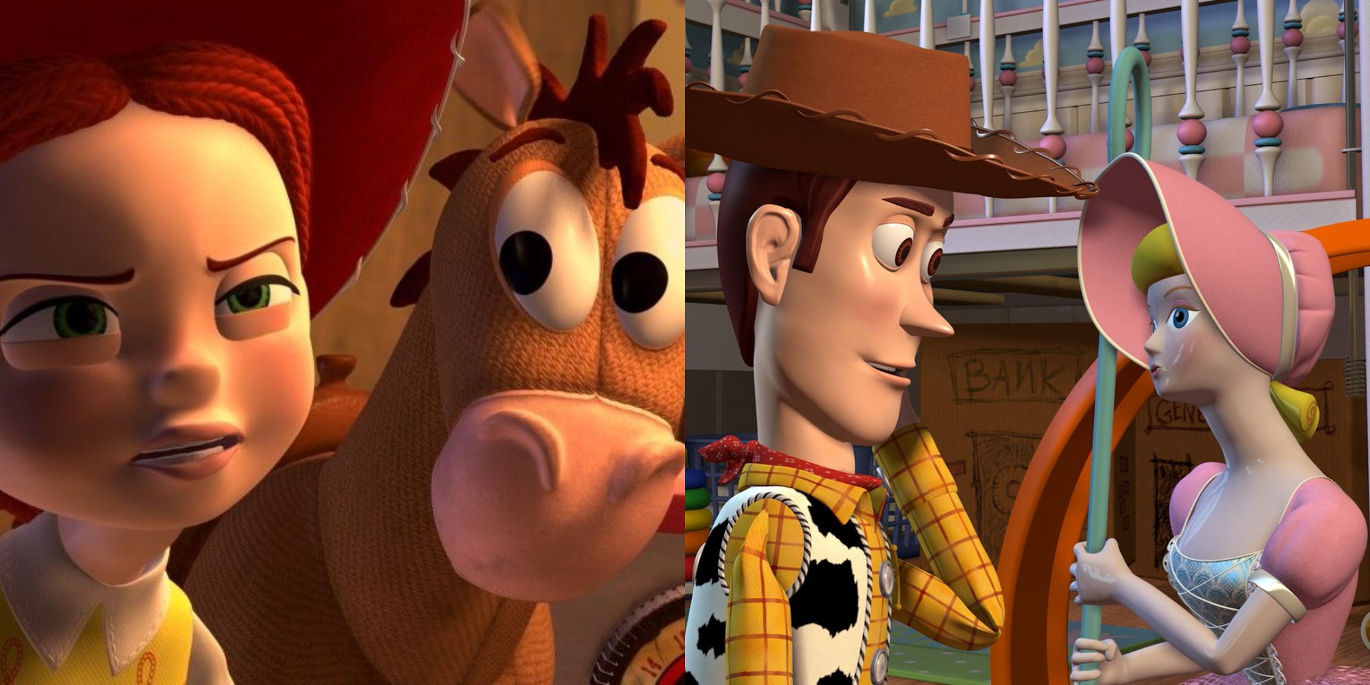 Split image showing Jessie and Bullseye and Woody and Bo Peep in Toy Story