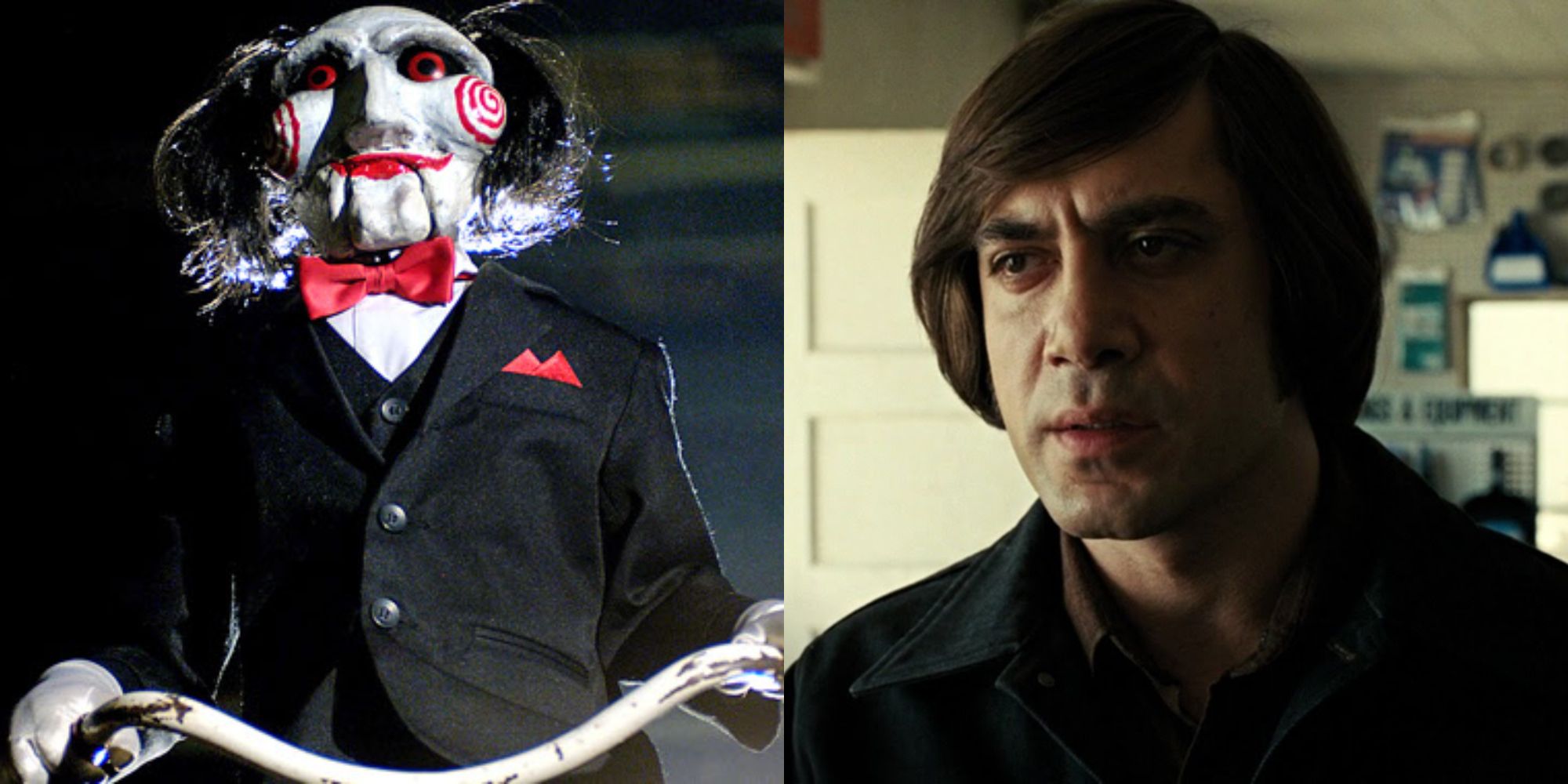 Split image showing Jigsaw in Saw and Anton Chigurh in No Country for Old Men
