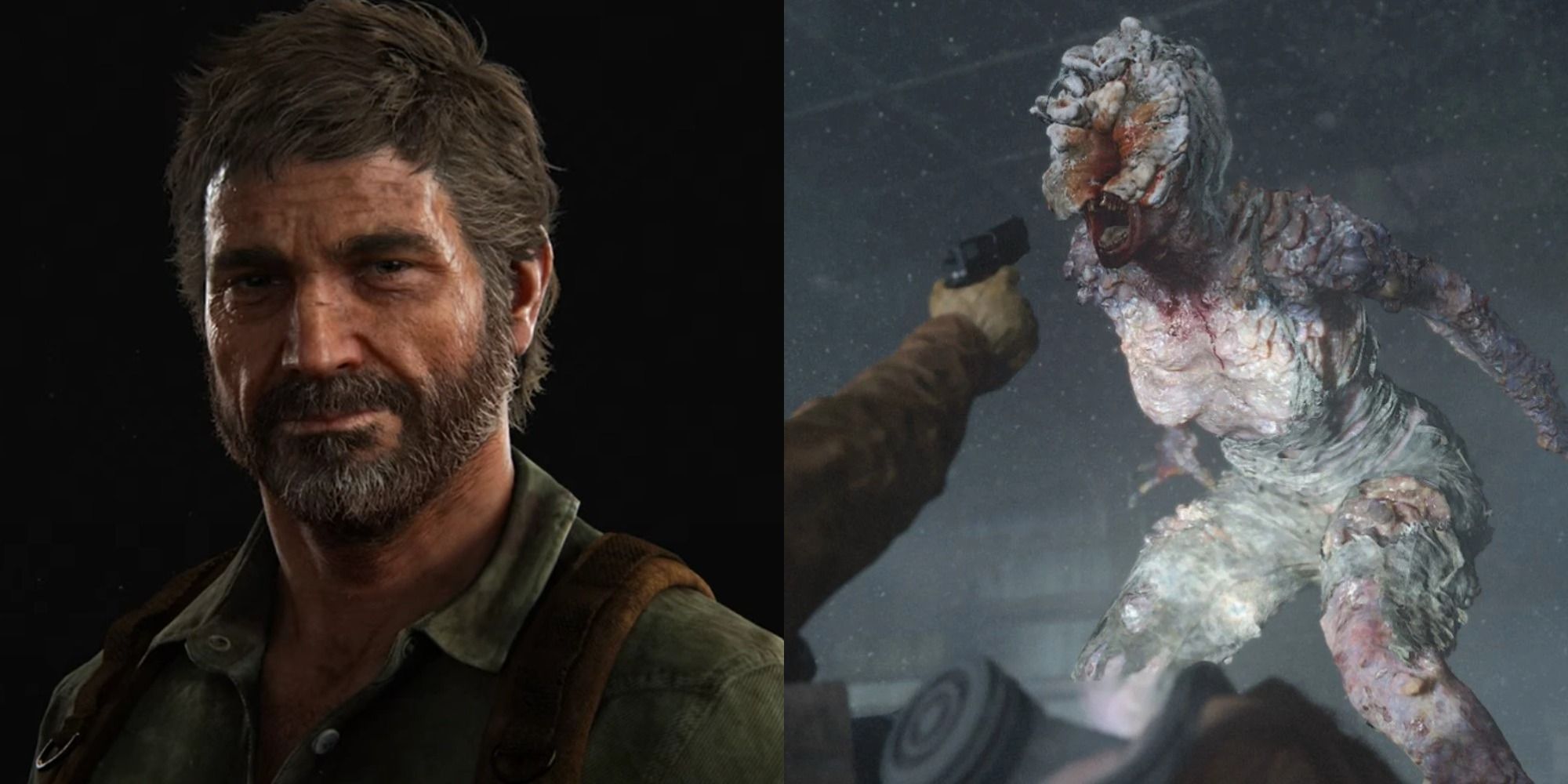 Split image showing Joel and an infected in The Last of Us