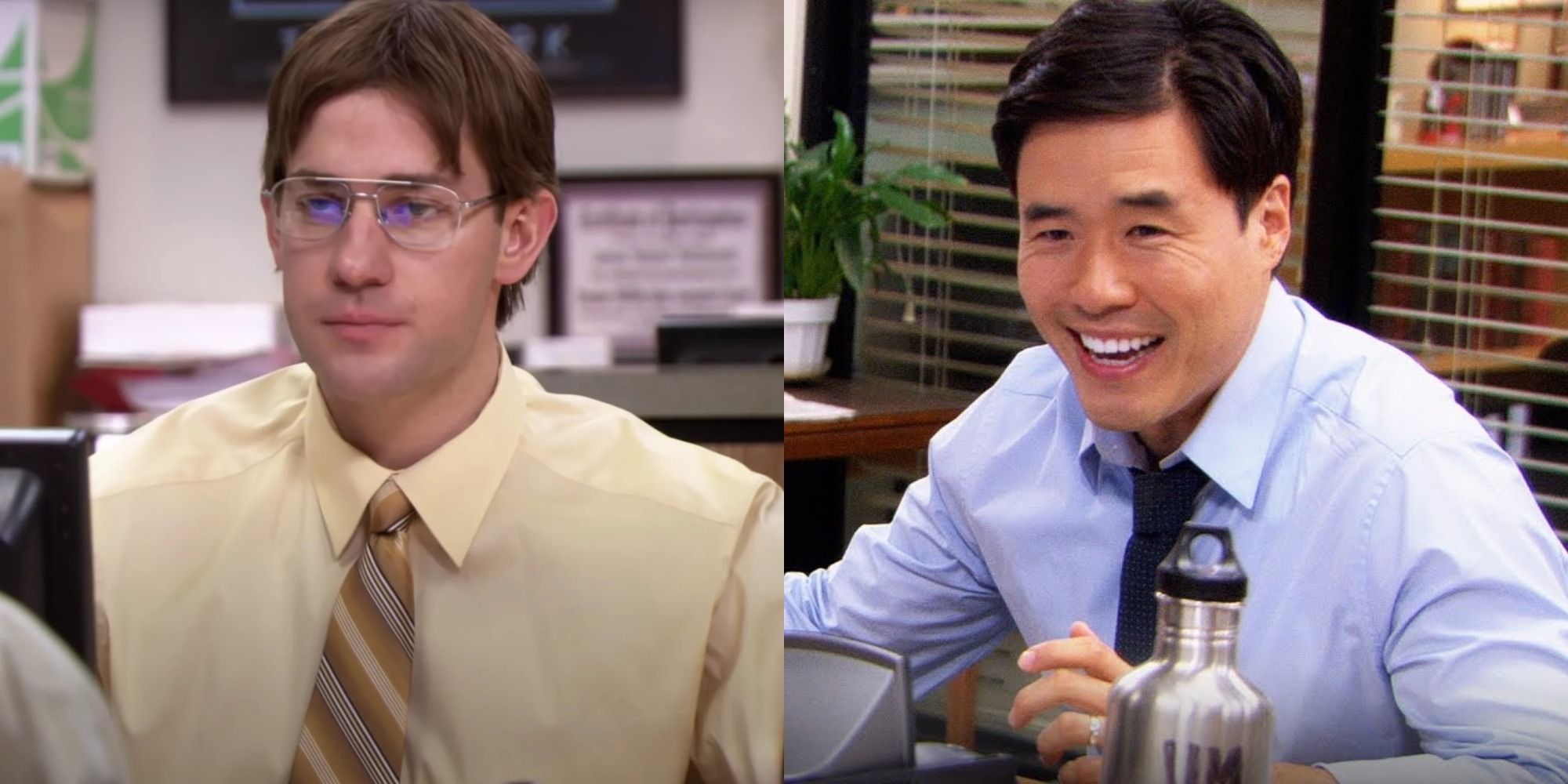 Split image showing Jim as Dwight and Asian Jim in The Office.