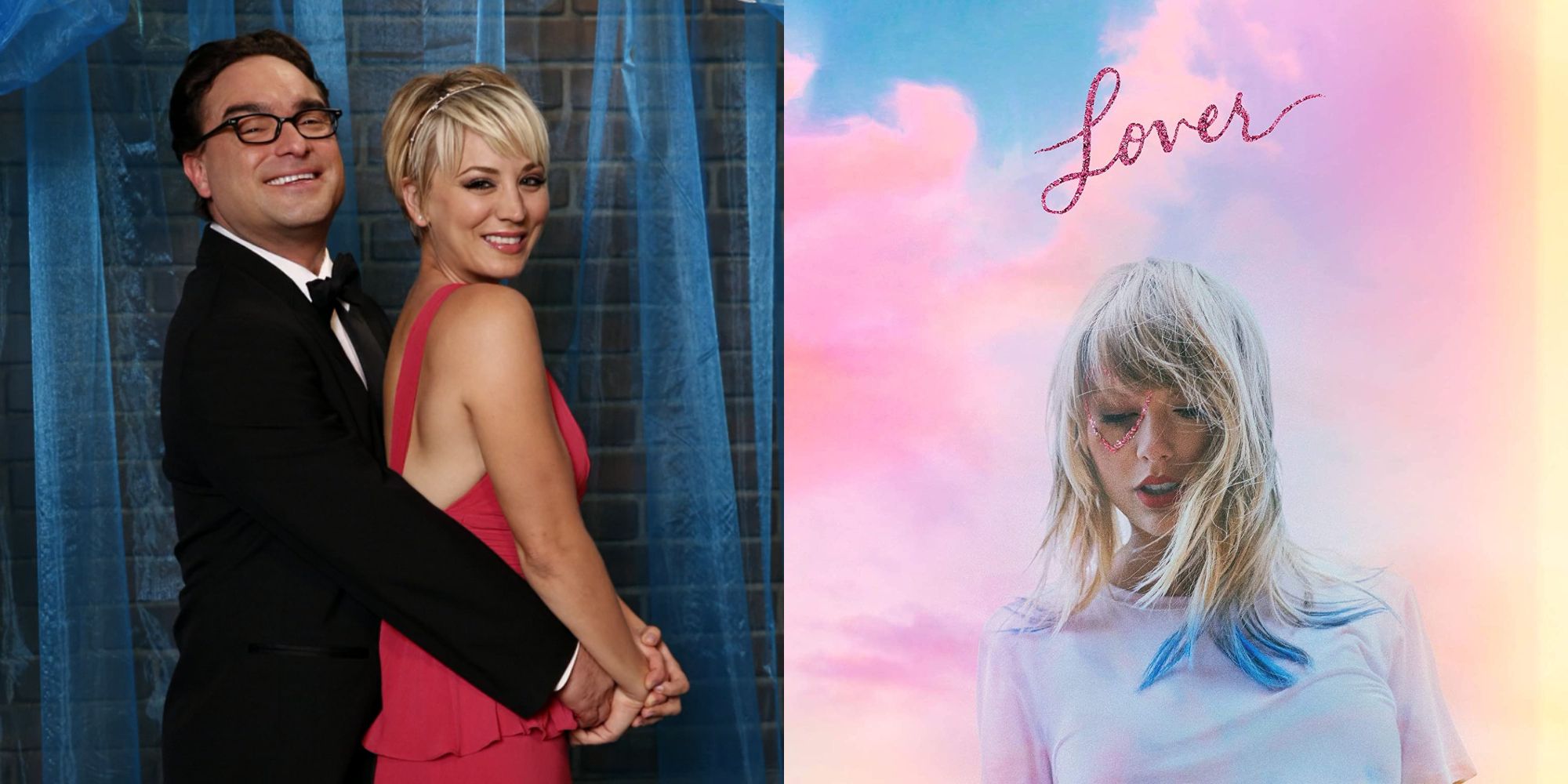 Split image showing Leonard and Penny in TBBT and the cover of Taylor Swift's Lover album.