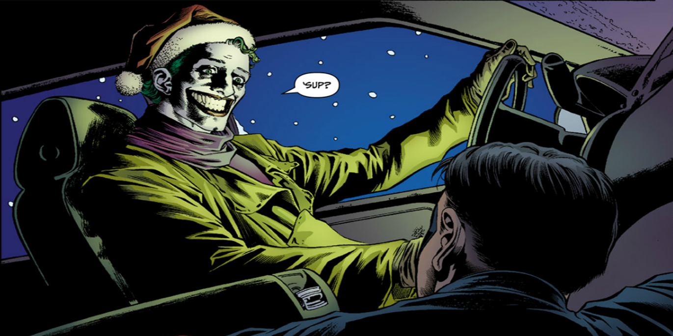 Joker driving a car while wearing a Santa hat