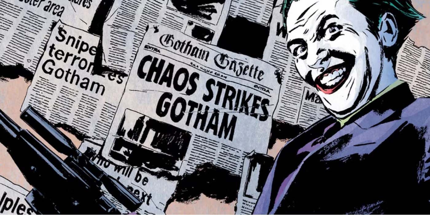 Joker standing in front of newspapers in Soft Targets.