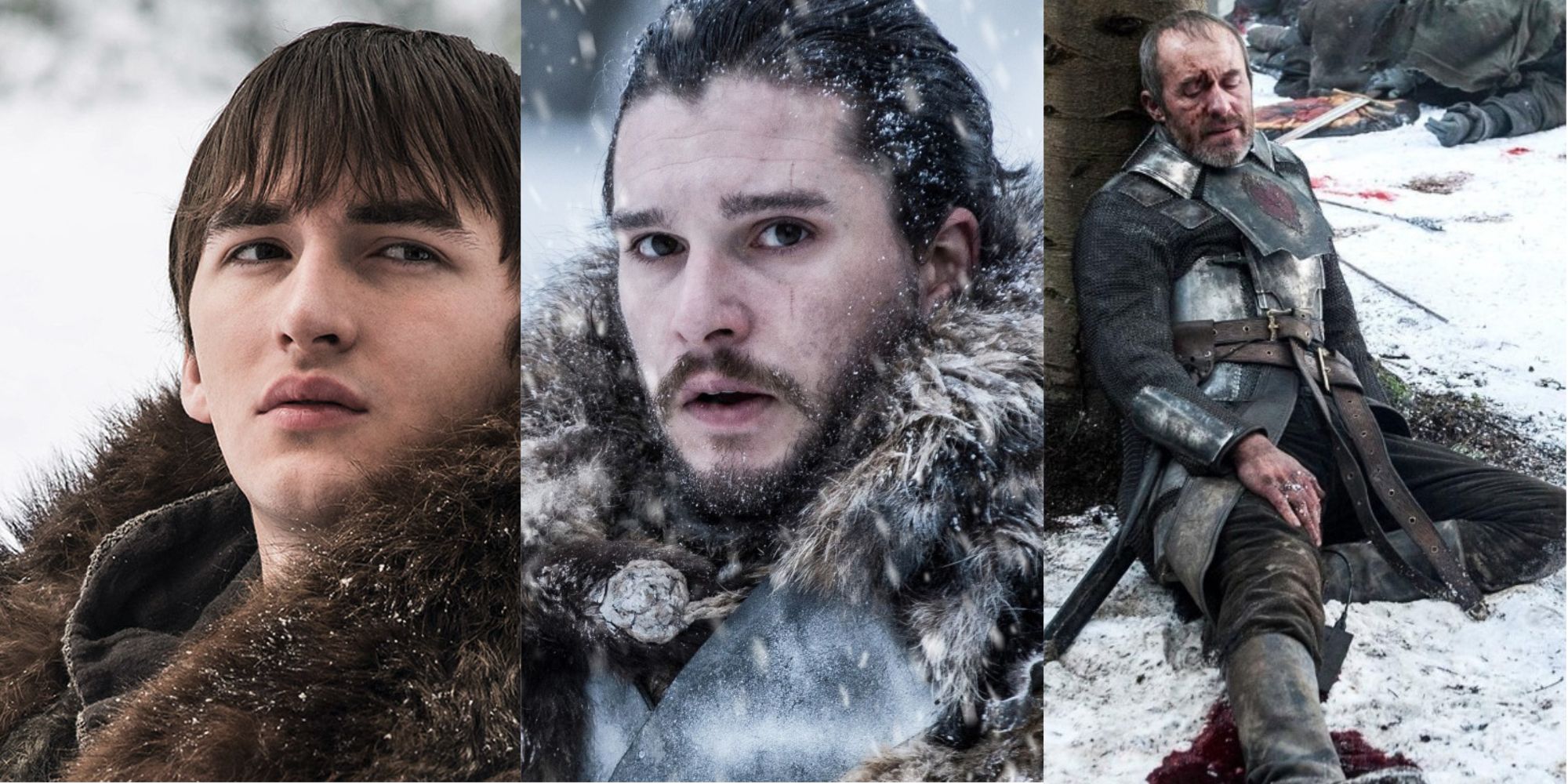 Split image of Bran Stark, Jon Snow, and Stannis Baratheon from Game of Thrones.
