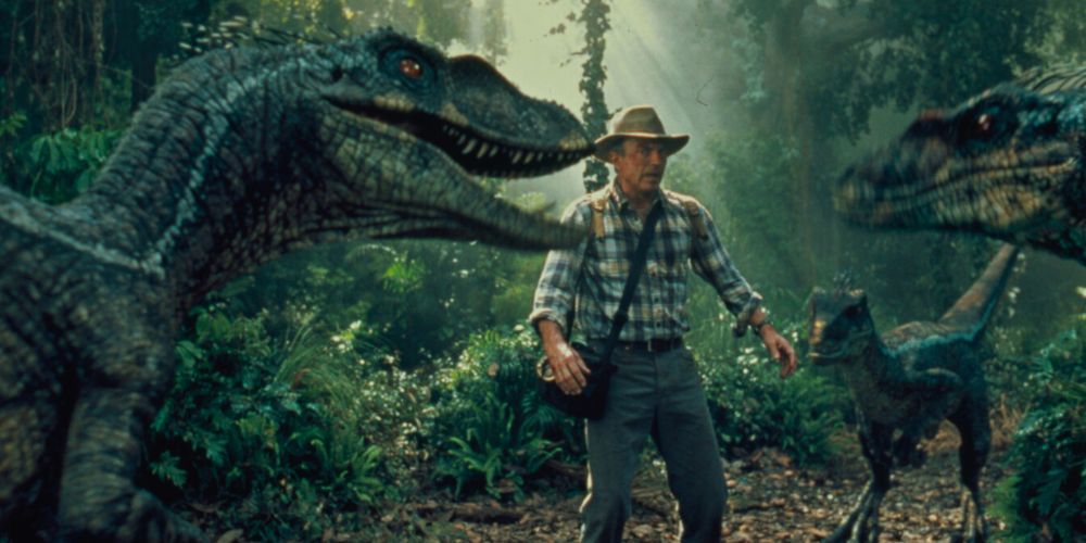 Dr. Grant has a stand-off with a herd of raptors in the jungle