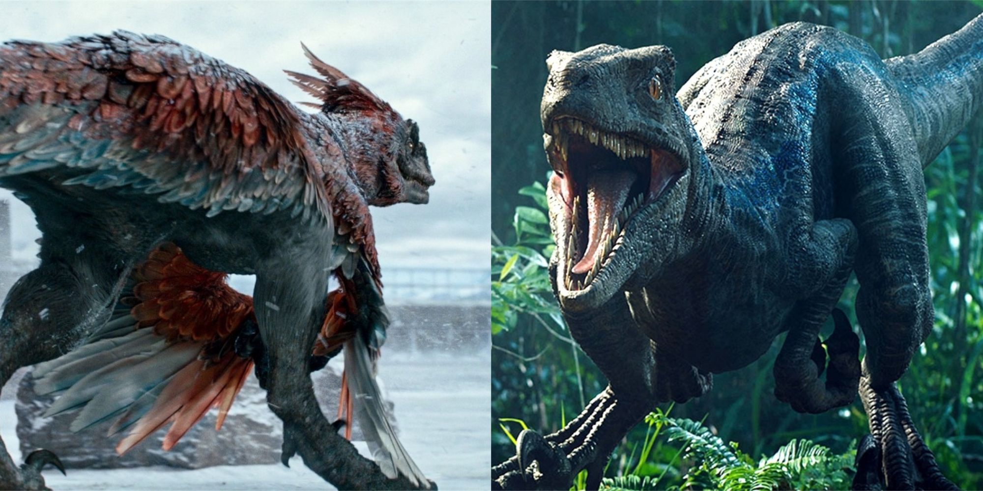 Split image of two Jurassic World dinosaurs