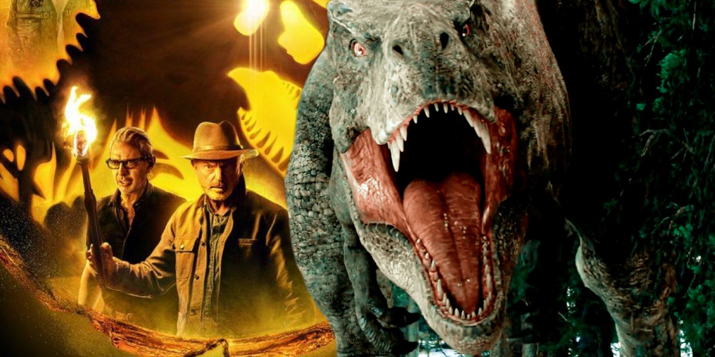 Jeff Goldblum as Ian Malcolm and Sam Neill as Alan Grant on Jurassic World Dominion poster with dinosaur