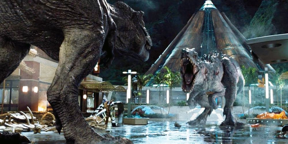 The T-rex and the Indominus rex face off at the end of Jurassic World