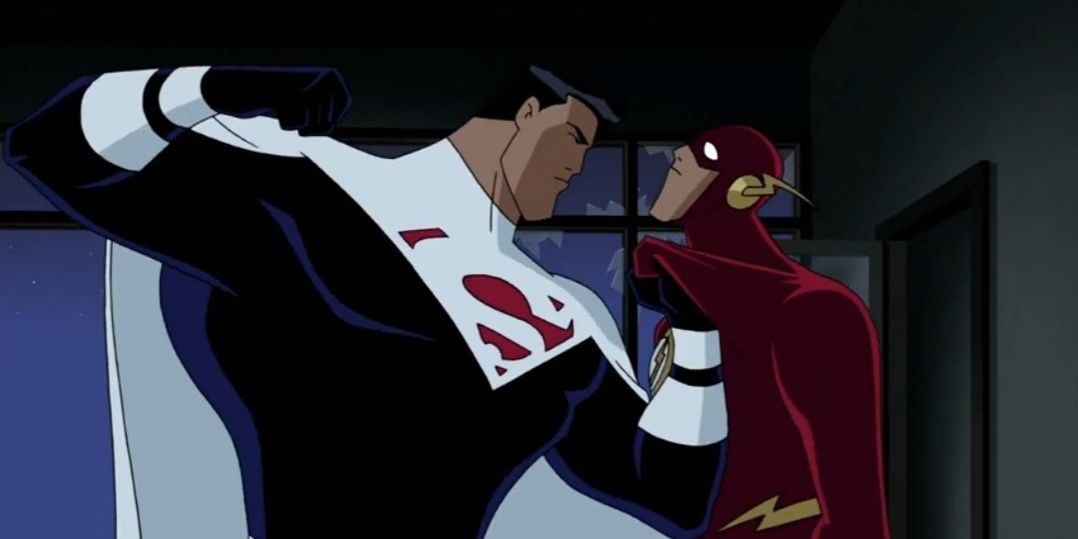Justice Lords Superman about to punch The Flash in Justice League